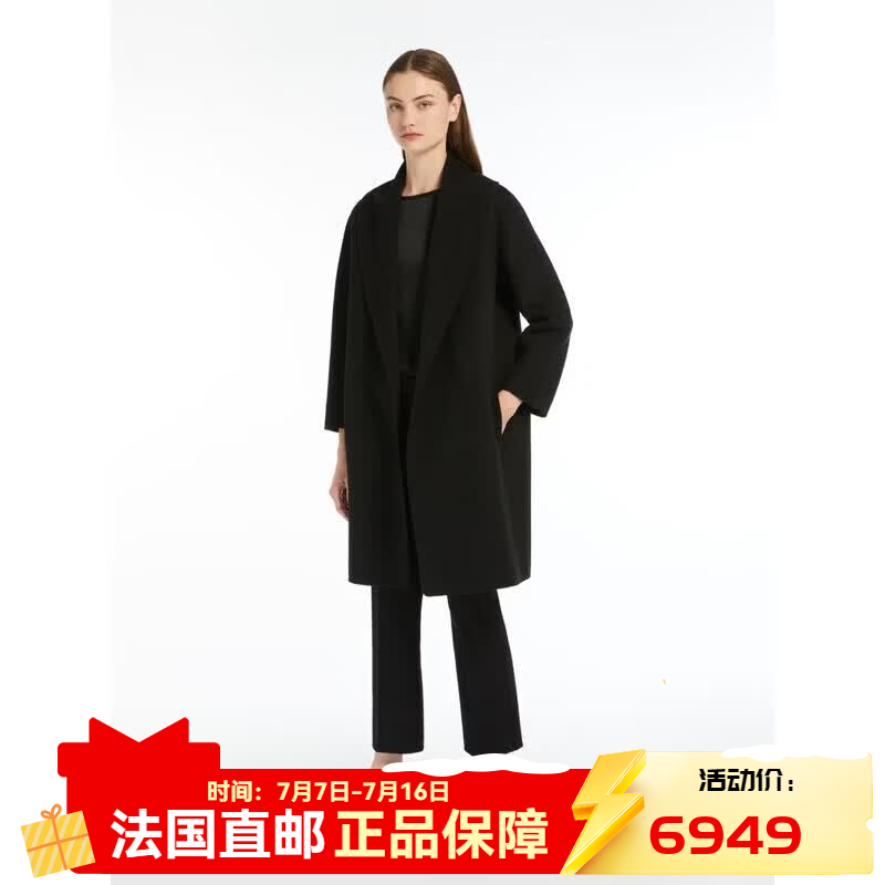 MAX MARA女士黑色羊毛浴袍式中长款大衣9016066106013-MESSI 32