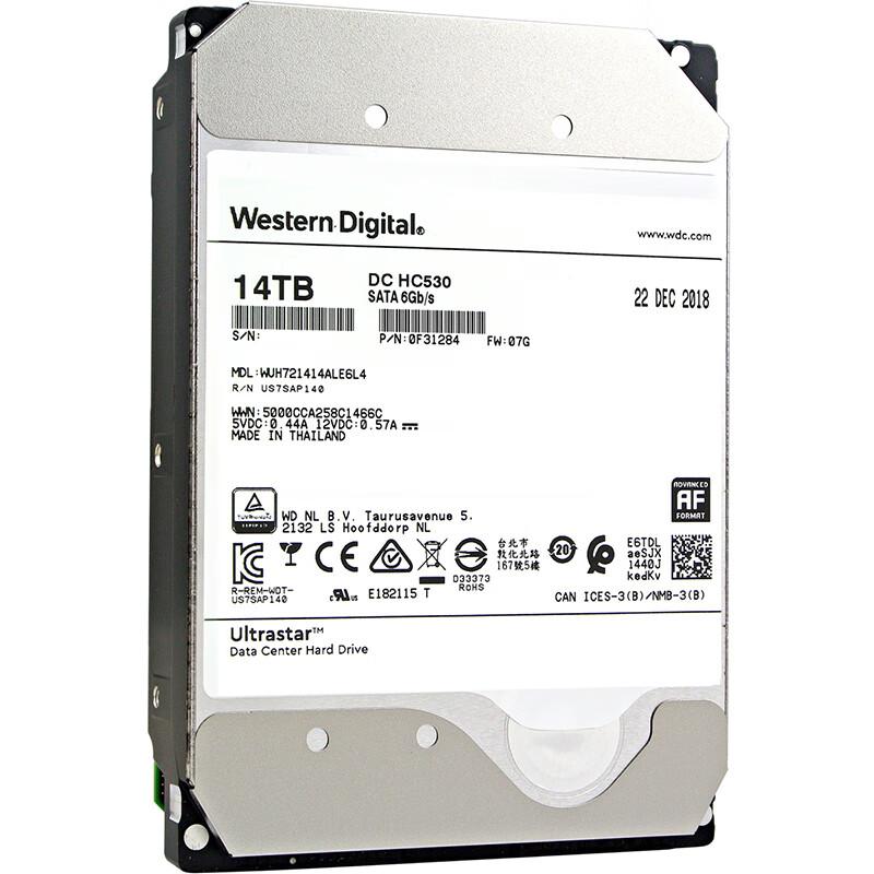 西部数据(Western Digital) 14TB HC530 SATA6GB/S 7200转512M 氦气密封 企业级硬盘(WUH721414ALE6L4)