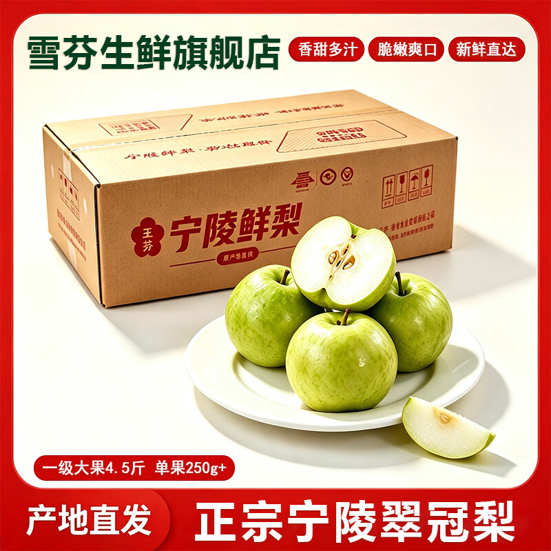 雪芬翠冠梨新鲜现摘 青皮脆梨 脆甜多汁 当季生鲜水果 现摘现发 净重4.5斤【单果250g+】