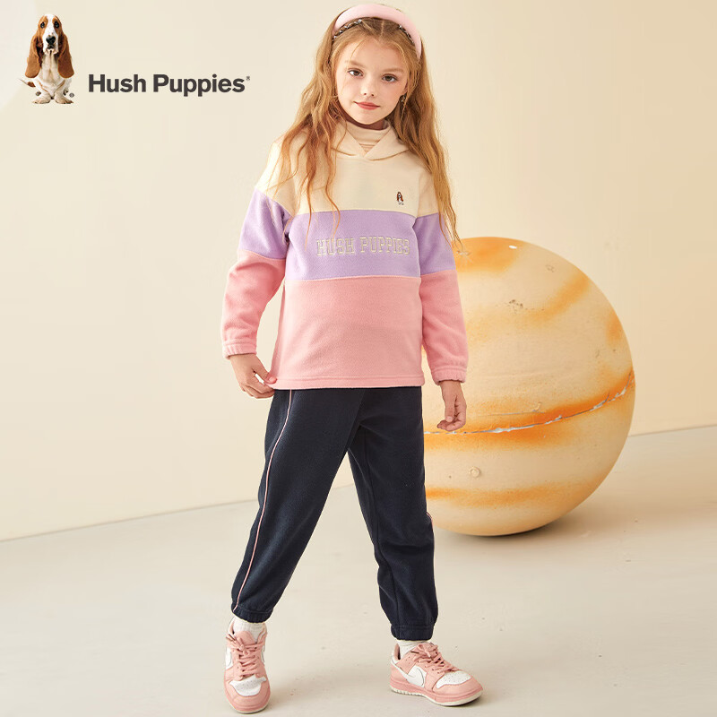暇步士（Hush Puppies）童装女童连帽运动套装秋冬新款女宝宝拼色加绒套装 奶油色 120