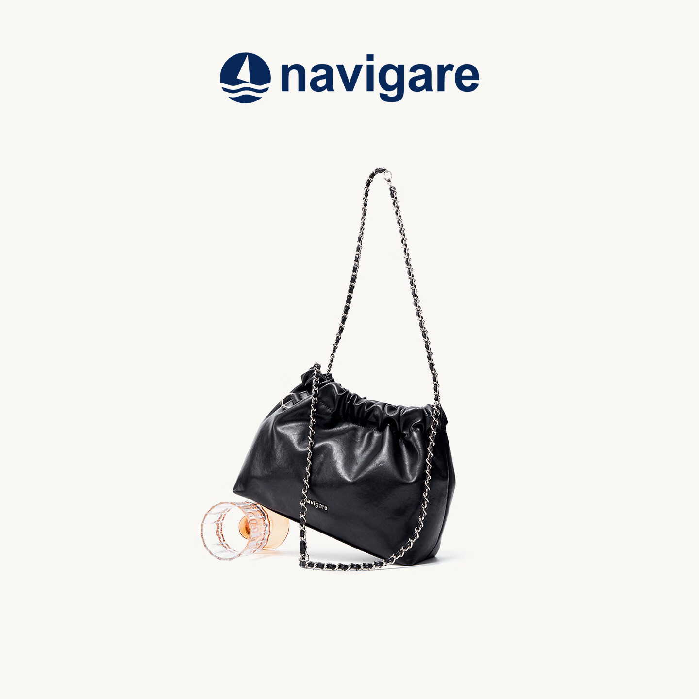 纳维凯尔（Navigare）【爆】意大利小帆船时尚女包大牌复古链条褶皱潮流小众设计水桶包 黑色