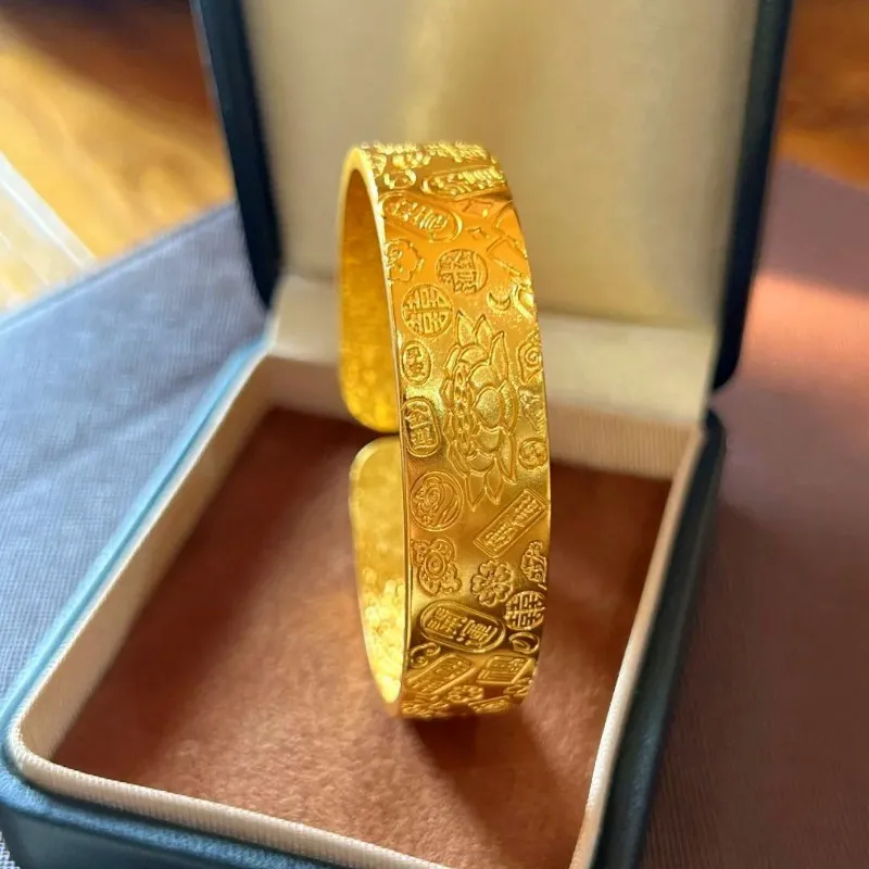 金店同款錾刻款宽面吉言八宝莲花手镯开口可调节镯子送女友礼物M 宽面吉言八宝莲花手镯【赠礼盒】