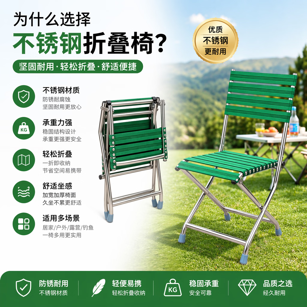 不锈钢折叠椅户外便携钓鱼凳子靠背椅折叠凳折叠椅听戏马扎防滑椅 绿色 大号款椅子*2把+户外折叠小方桌