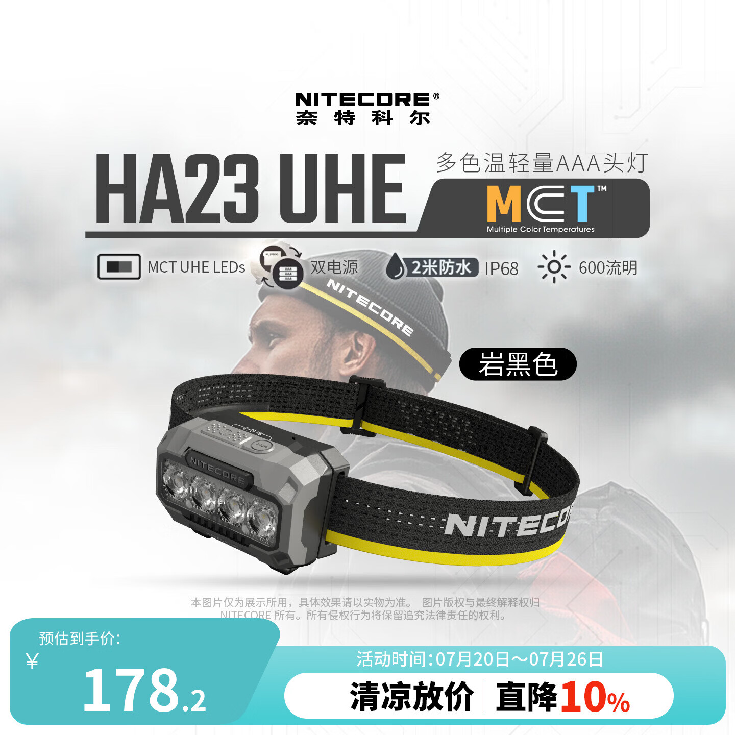NITECORE奈特科尔HA23 UHE岩黑 多色温头灯户外轻量便携式越野跑照明灯