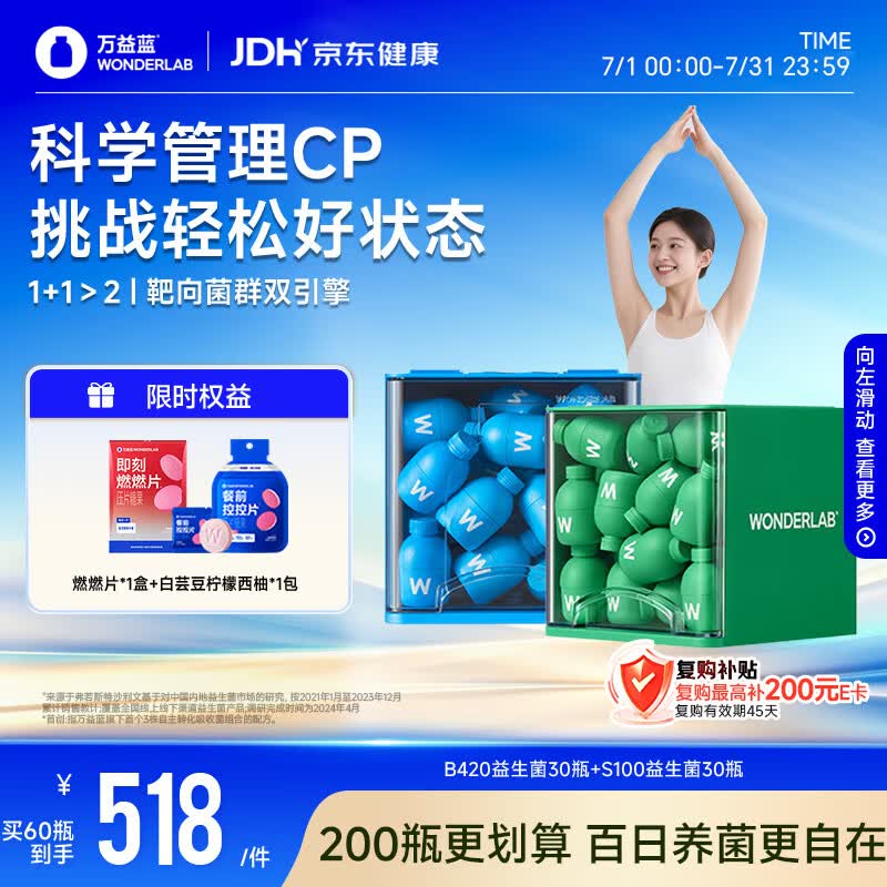 万益蓝（WONDERLAB）早B420晚S100组合30瓶+30瓶 益生菌减益生元棕色肥脂肪