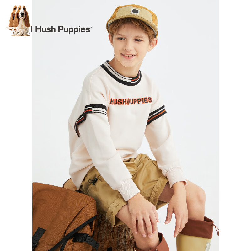 暇步士(Hush Puppies)童装男童卫衣秋季新款时尚圆领套头条纹卫衣男宝宝经典简约上衣 奶油色 160