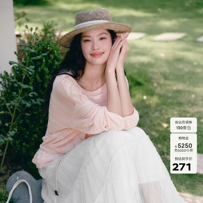 伊芙丽（eifini）伊芙丽2025夏装新款圆领长袖镂空针织衫女夏季透气薄款百搭外搭 粉色 M 105-120斤