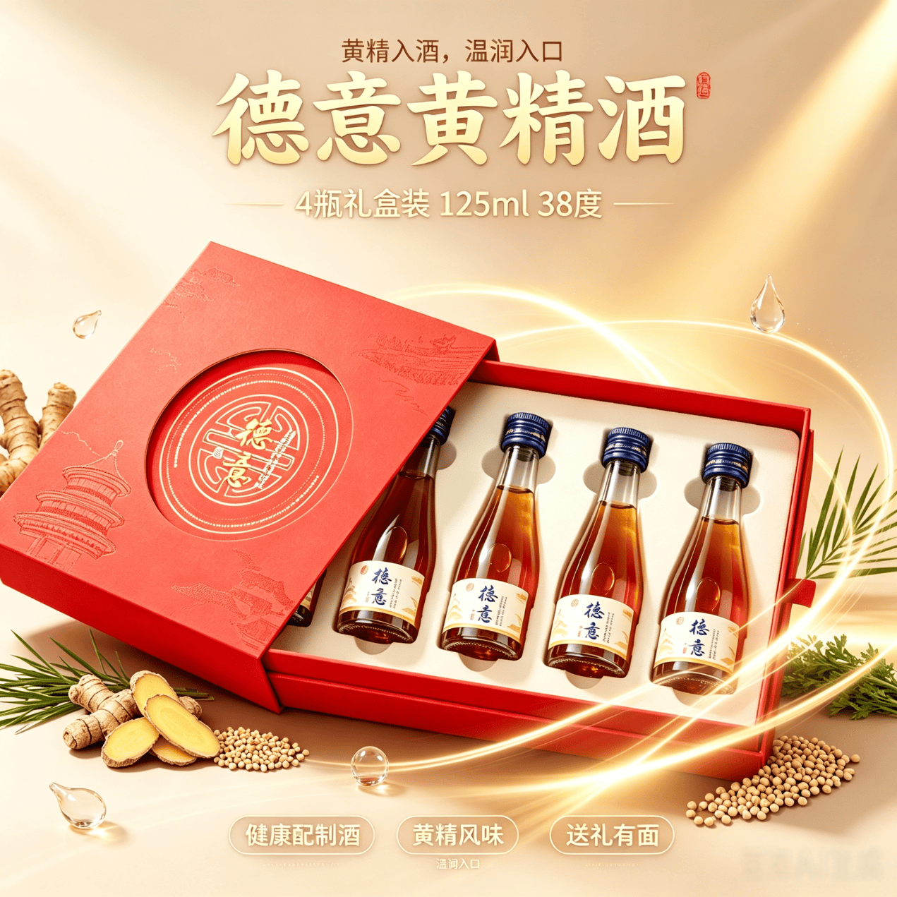 德意养生黄精酒露酒送礼高端礼盒38度微醺125ml4瓶装 38度 500mL 4瓶