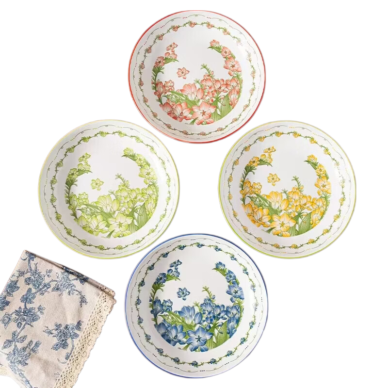 8英寸釉下彩高颜值家用陶瓷餐盘套装餐盘微波炉可用 8英寸铃兰花盘4只【四色各一】