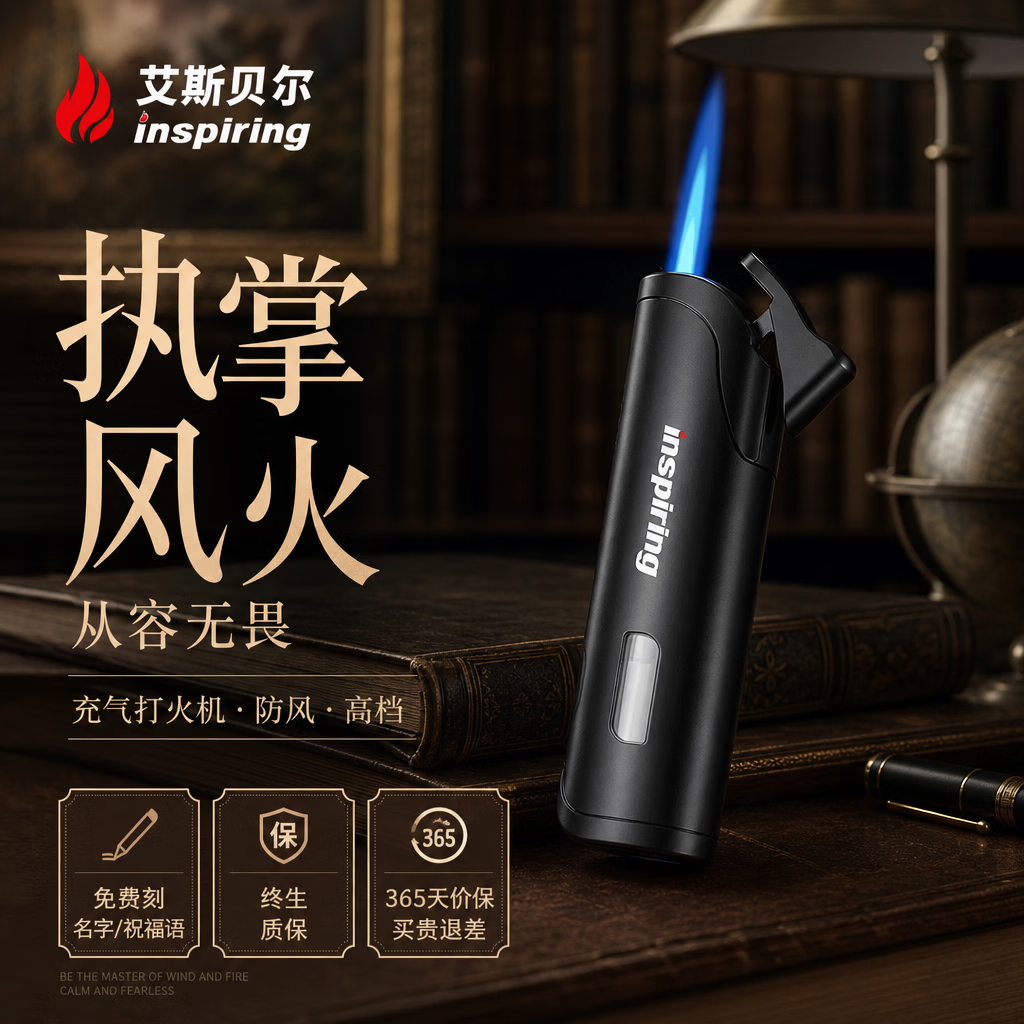 艾斯贝尔（inspiring）充气打火机防风高档耐用全金属大容量男士高级感颜值网红爆款正品 大道至简-暗酷黑 套装 1个