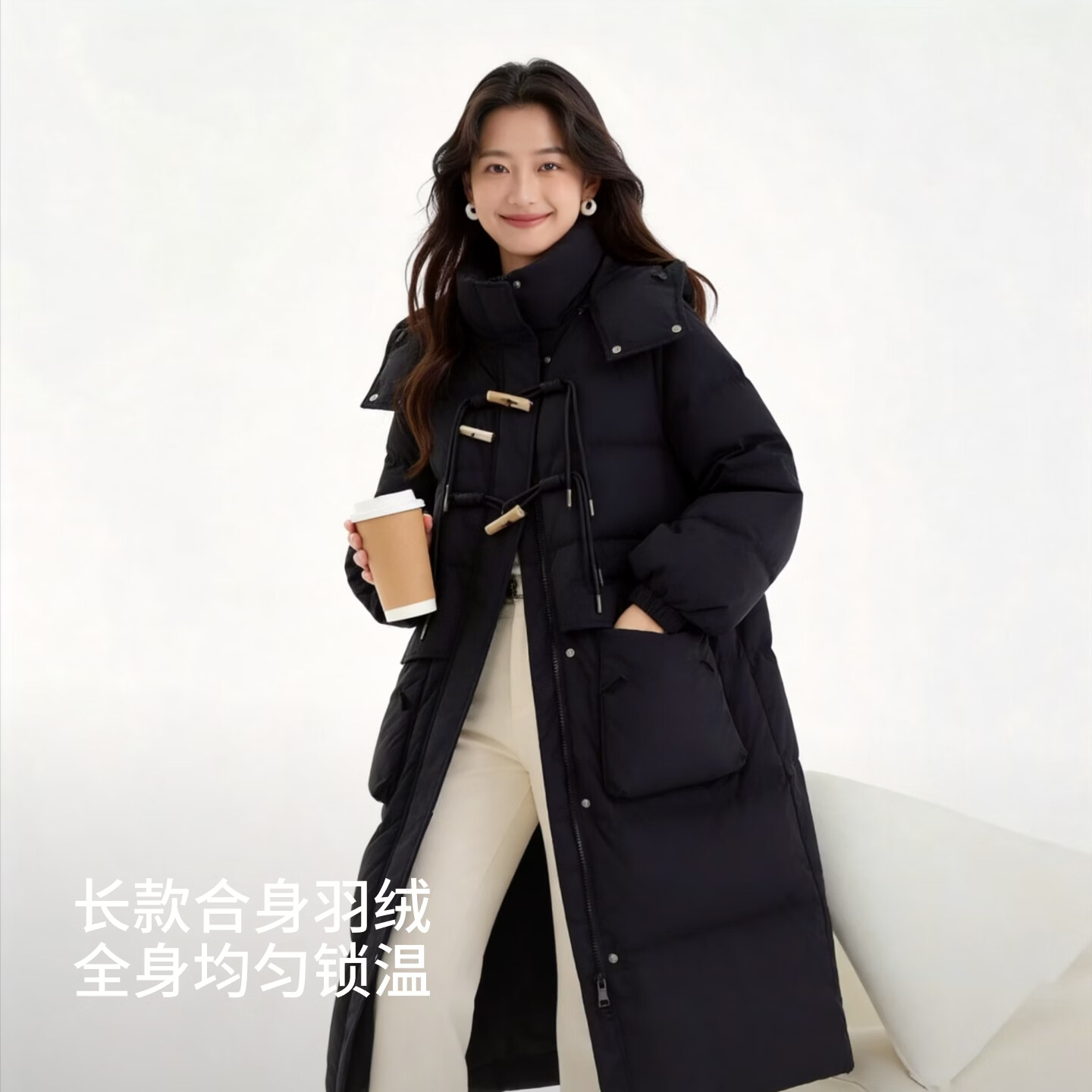 【京东直采】反季冬季90白鸭绒加厚长款羽绒服女韩版宽松连帽外套 曜石黑【90白鸭绒】 M