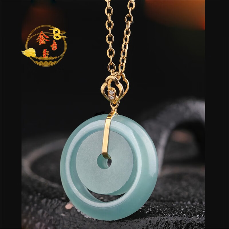 金召玉子母扣翡翠吊坠女甜甜圈挂坠蓝水平安扣18k金扣镶自戴送礼