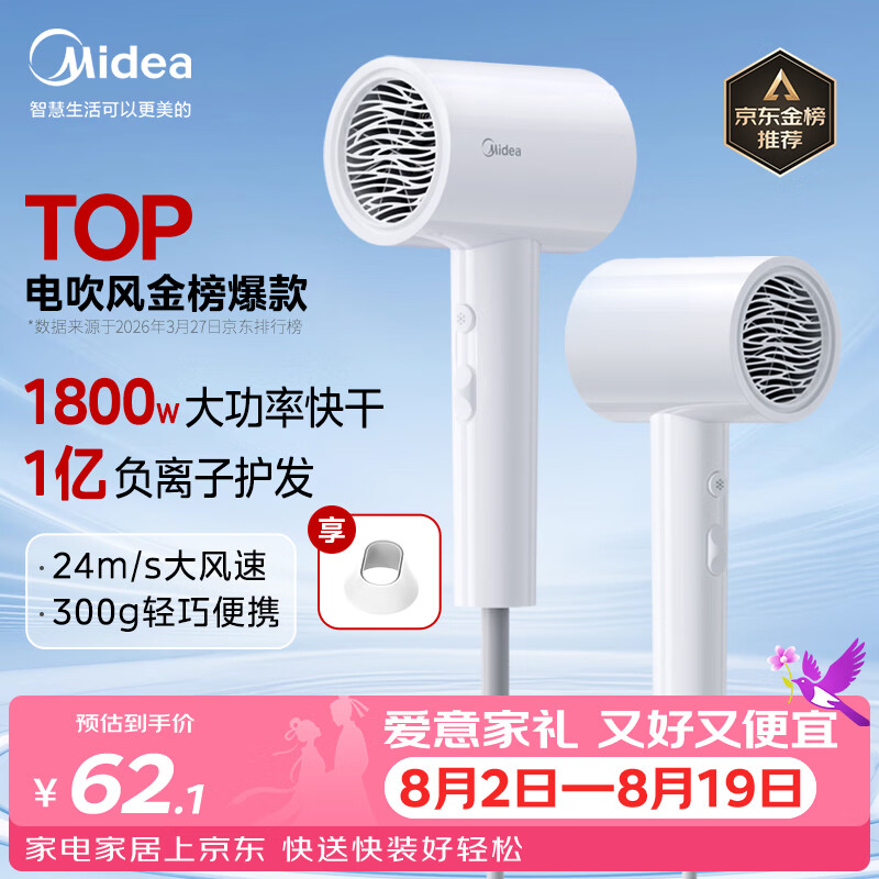 美的（Midea）1亿负离子电吹风 大功率快干不伤发吹风机 家用负离子护发吹风筒 FJ208白1800W 七夕节日礼物