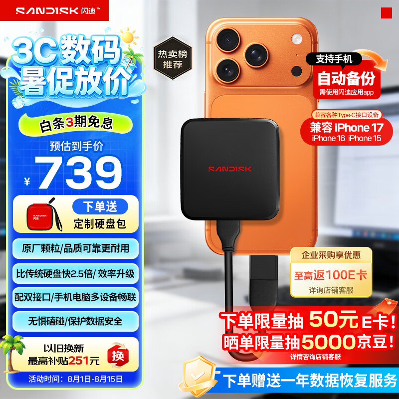 闪迪（SanDisk）ELE 1TB 移动固态硬盘（PSSD）新元素 type-c接口 小巧便携手机直连笔记本电脑两用外接 办公存储