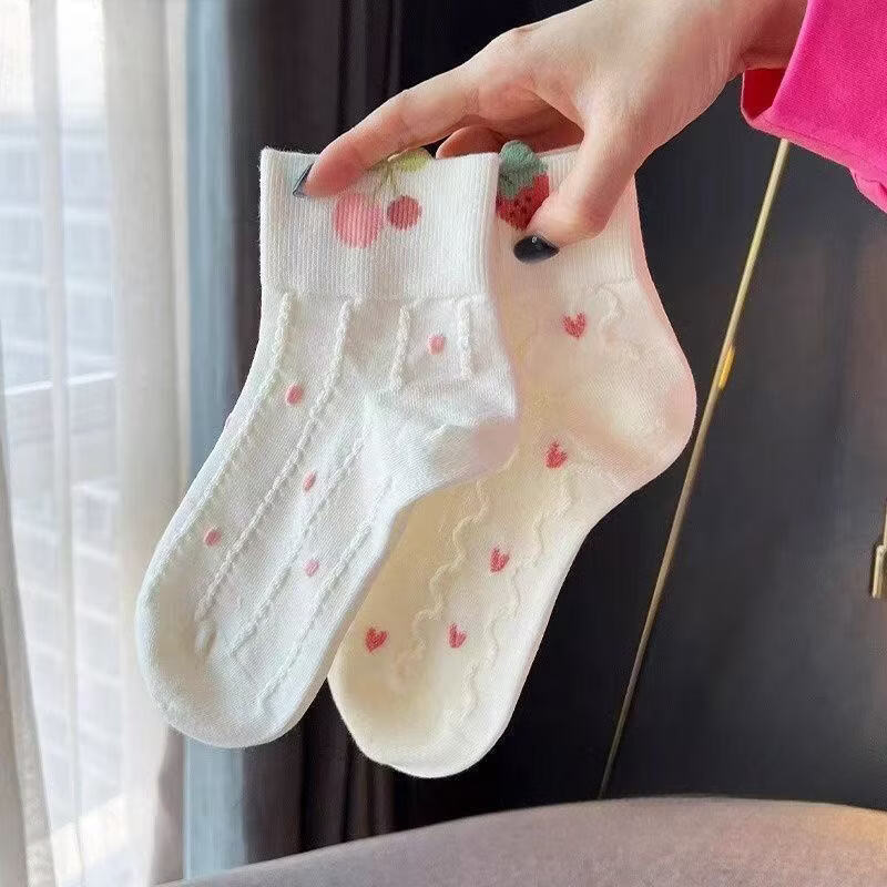 童诺乐儿童袜子春秋款女童中大童学院风女袜可爱水果甜美风韩版棉质短袜 【高弹不勒】水果袜 5双装 3-5岁 (M)