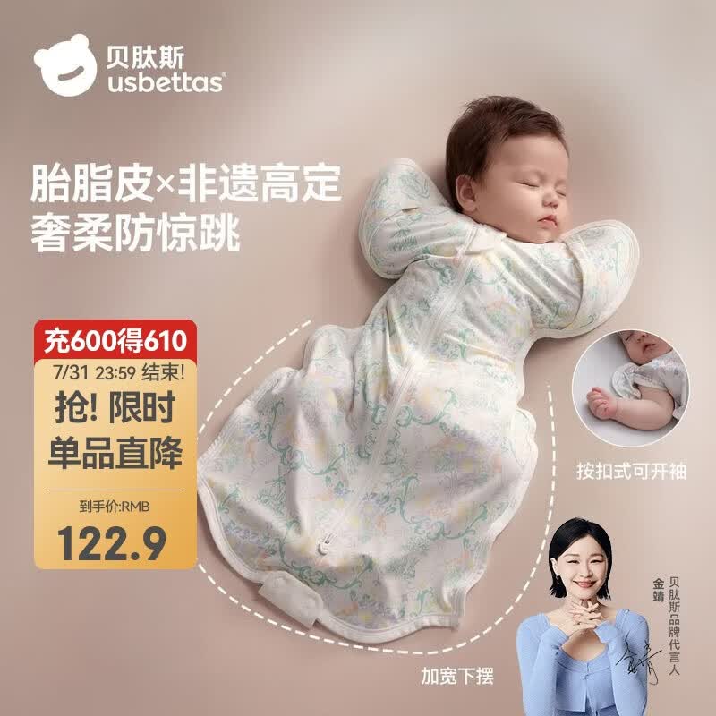 贝肽斯新生婴儿防惊跳睡袋胎脂皮投降式睡袋婴幼儿防踢被四季单层 绿意S