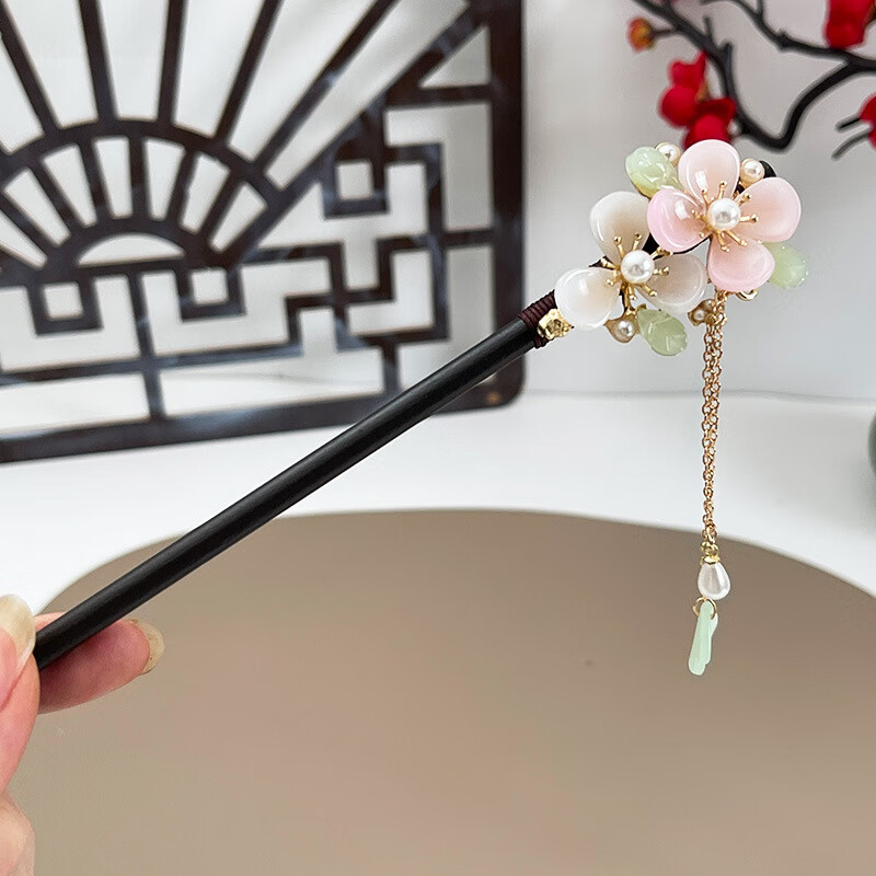 手工古风簪子步摇发饰流苏高级感超仙花朵发簪发钗汉服发饰 粉三叶花