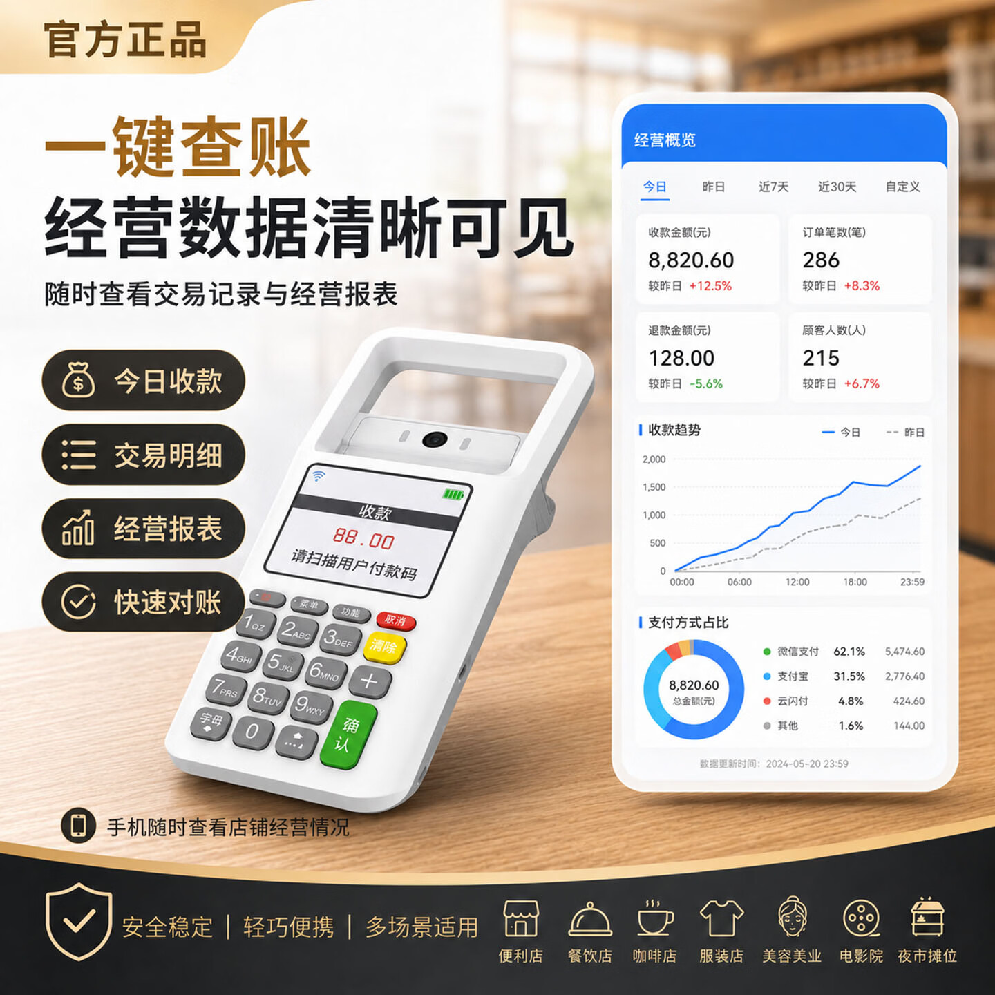 喔噻收钱吧 商家收款扫码核销移动终端5代收款机扫码一体机商用手持收银机收钱扫码机 扫码核销刷卡一体机(扫码王5代)