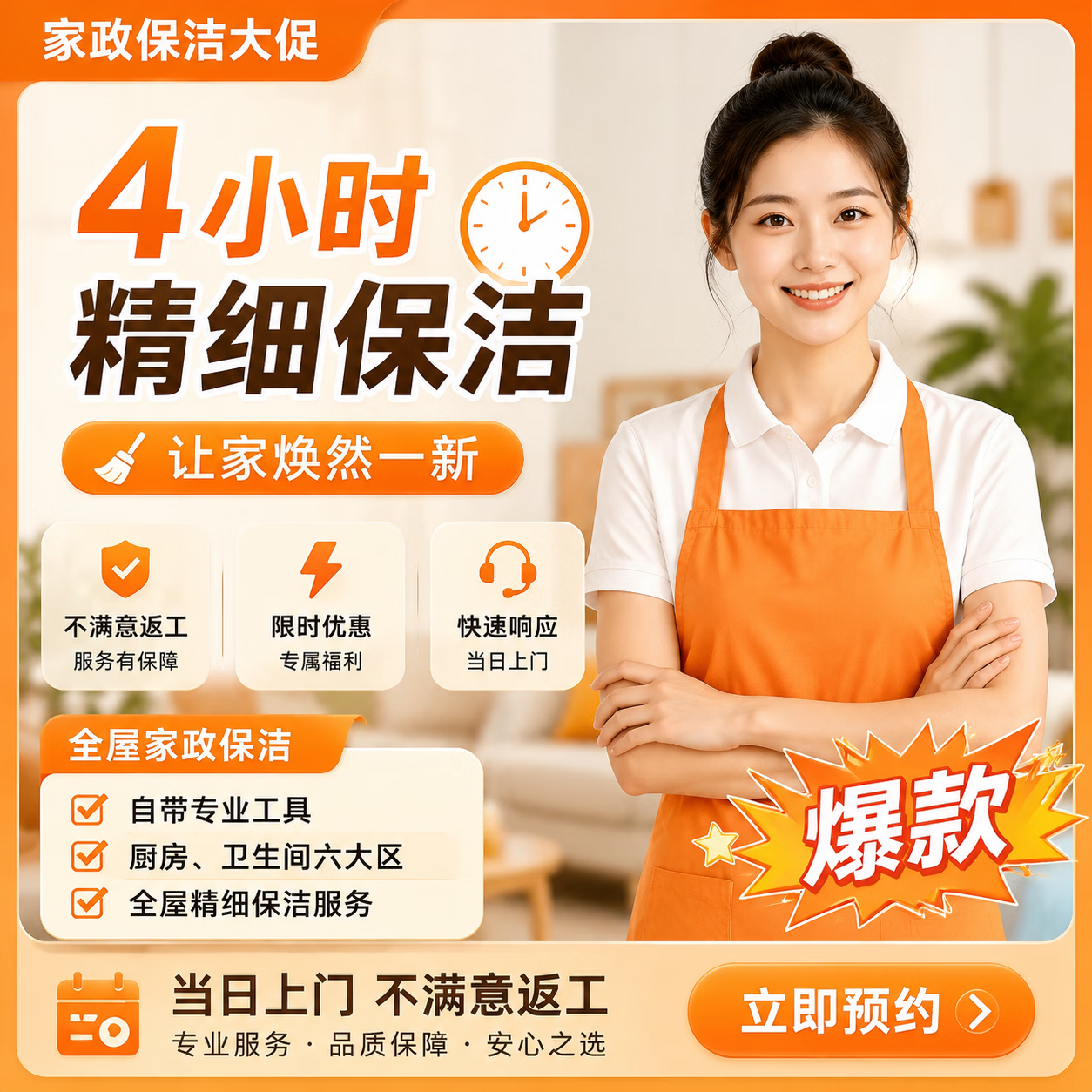【全屋深度保洁］家政保洁服务 精细深度保洁 全屋打扫上门清洁服务擦玻璃 日常保洁清理 同城服务保洁 4小时深度保洁(全屋清洁，除油污水垢 含双面擦窗)