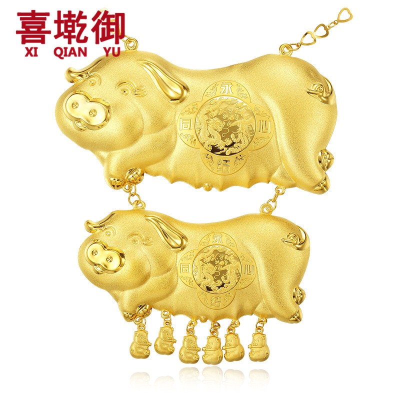 女款 9999足金双层猪牌套链吊坠永结同心两只金猪牌项链 黄金猪牌项链