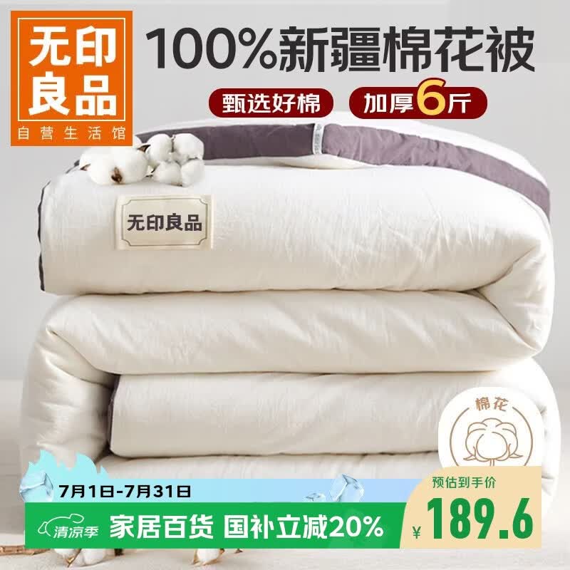 无印良品A类100%新疆纯棉花被子 春秋空调被芯 冬季棉被厚6斤 200*230cm
