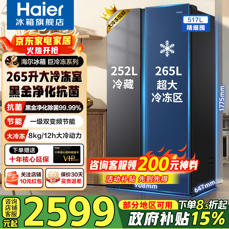 海尔（Haier）517升对开门大冷冻黑金净化抗菌风冷无霜一级能效双变频家用大容量冰箱 BCD-517WLHSSEDSD 517升星蕴银+大冷冻+黑金净化