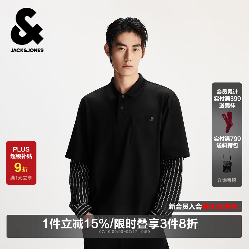 杰克·琼斯（JACK&amp;JONES）商场同款男装春季新款时尚休闲假两件宽松翻领长袖T恤男225302008 E40黑色 常规 M （175）