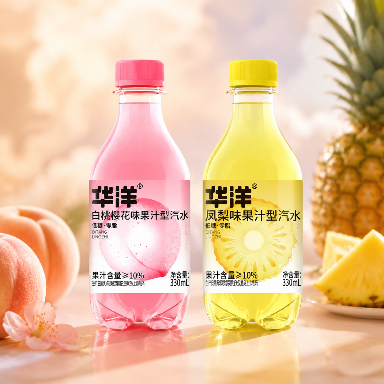 华洋白桃樱花味气泡果汁型饮料凤梨味果汁型汽水低糖零脂 白桃樱花12瓶+凤梨味12瓶+橙子味12瓶