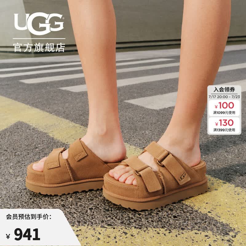UGG夏季女士时尚舒适纯色厚底露趾可调式束带休闲凉拖鞋 1155458 CHE | 栗色 38 建议正码正拍