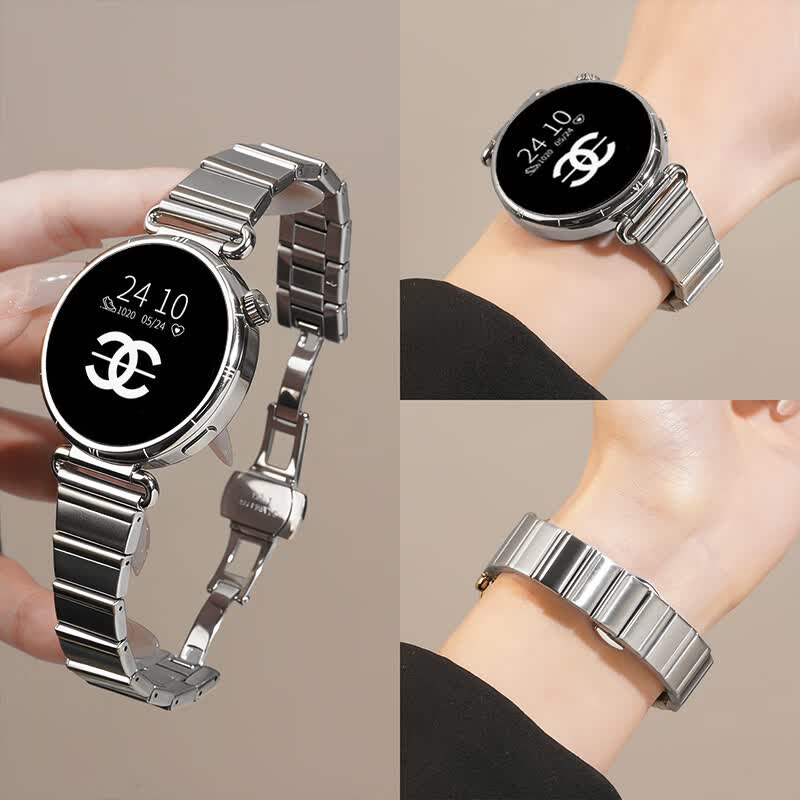 watchbond适用华为gt6手表表带watch gt5女士款18mm小蛮腰一珠钢带gt5pro/watch5/gt4夏季高级感41mm腕表带 【小蛮腰一珠钢带-蝴蝶扣】银色 【41/42表盘】 18mm接口通用