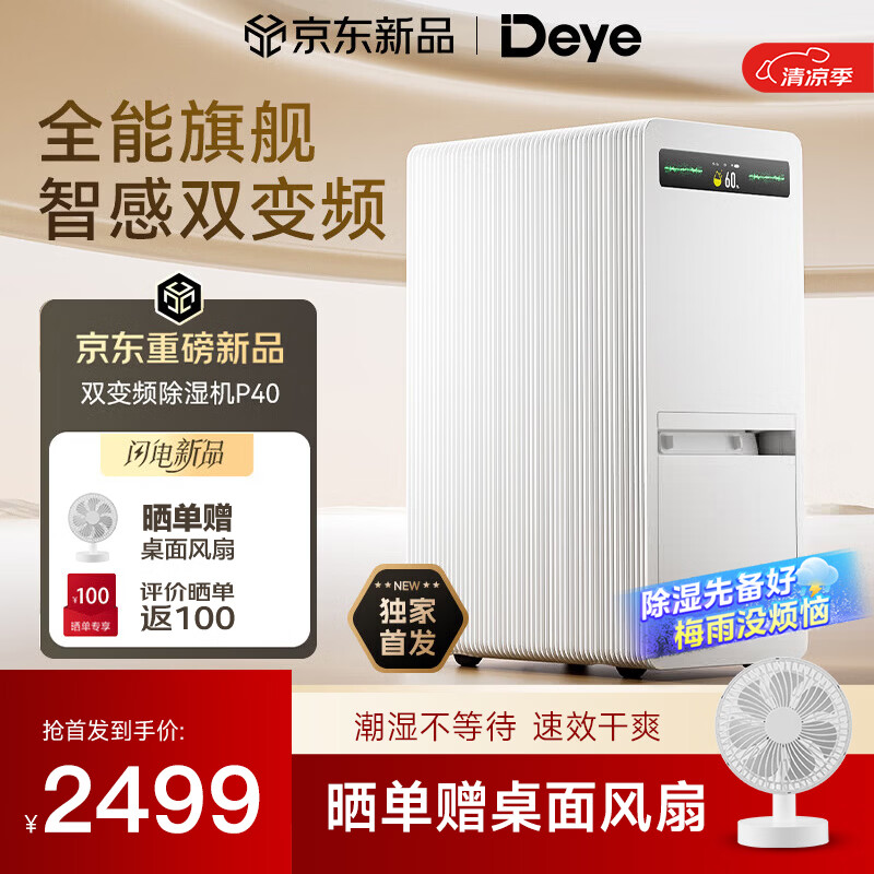 德业（Deye）双变频除湿机40升除湿量家用净化抽湿机卧室地下室客厅防潮除湿器干衣轻音等离子DYD-P40 40L/天 70-120㎡ DYD-P40
