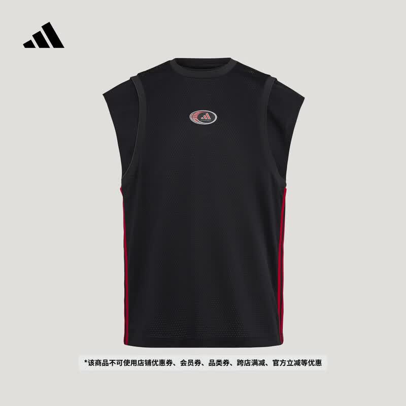 adidas火拼篮球赛系列假两件运动训练无袖背心男夏季新款阿迪达斯   黑色   M