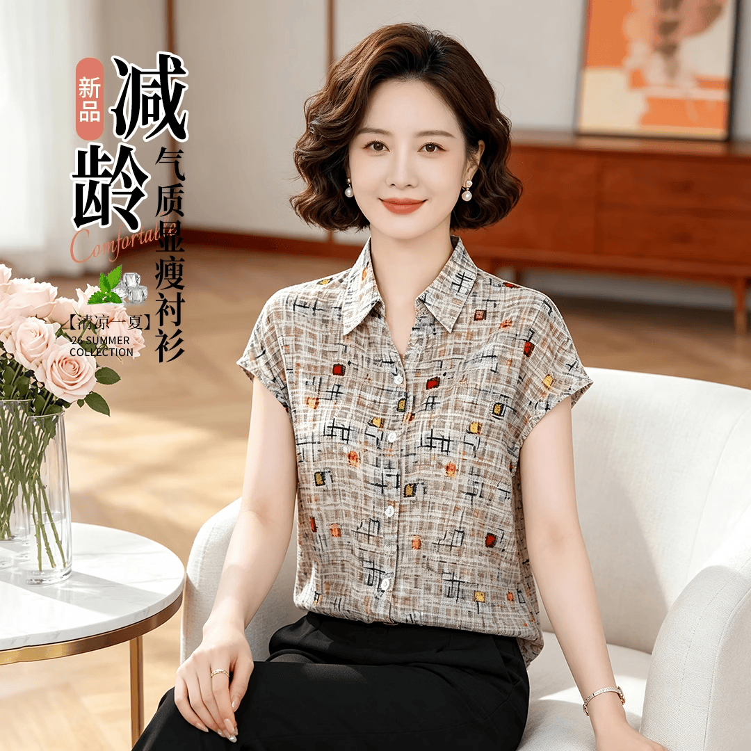 夏季外穿薄款法式优雅遮肉显瘦百搭宽松女洋气短袖开衫简约设计感 几何格花纹衬衫 XL 建议120-130斤