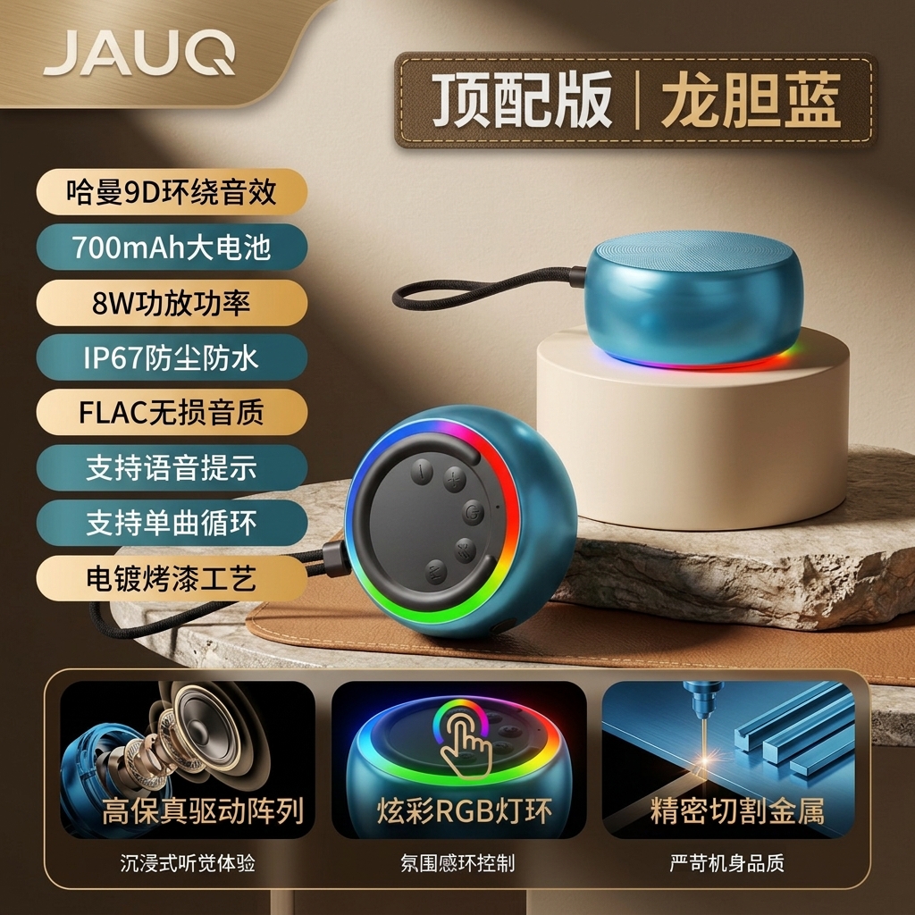 JAUQ迷你便携式蓝牙音响金属一体机身炫彩律动灯环立体环绕音效高清通话户外骑行桌面节日送礼优选音箱 龙胆蓝【Crafted For Authentic Sound】