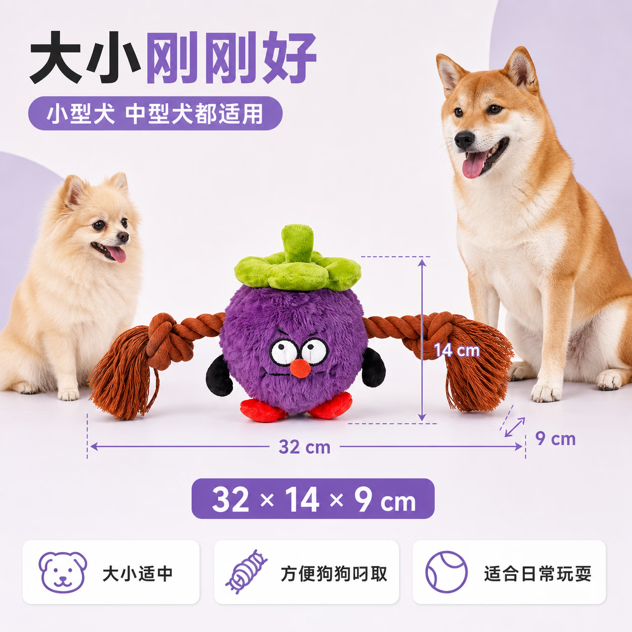 IPAWSPACE狗狗玩具水果发声玩具绳结互动磨牙解闷宠物玩具 【山竹】紫色水果发声绳结玩具