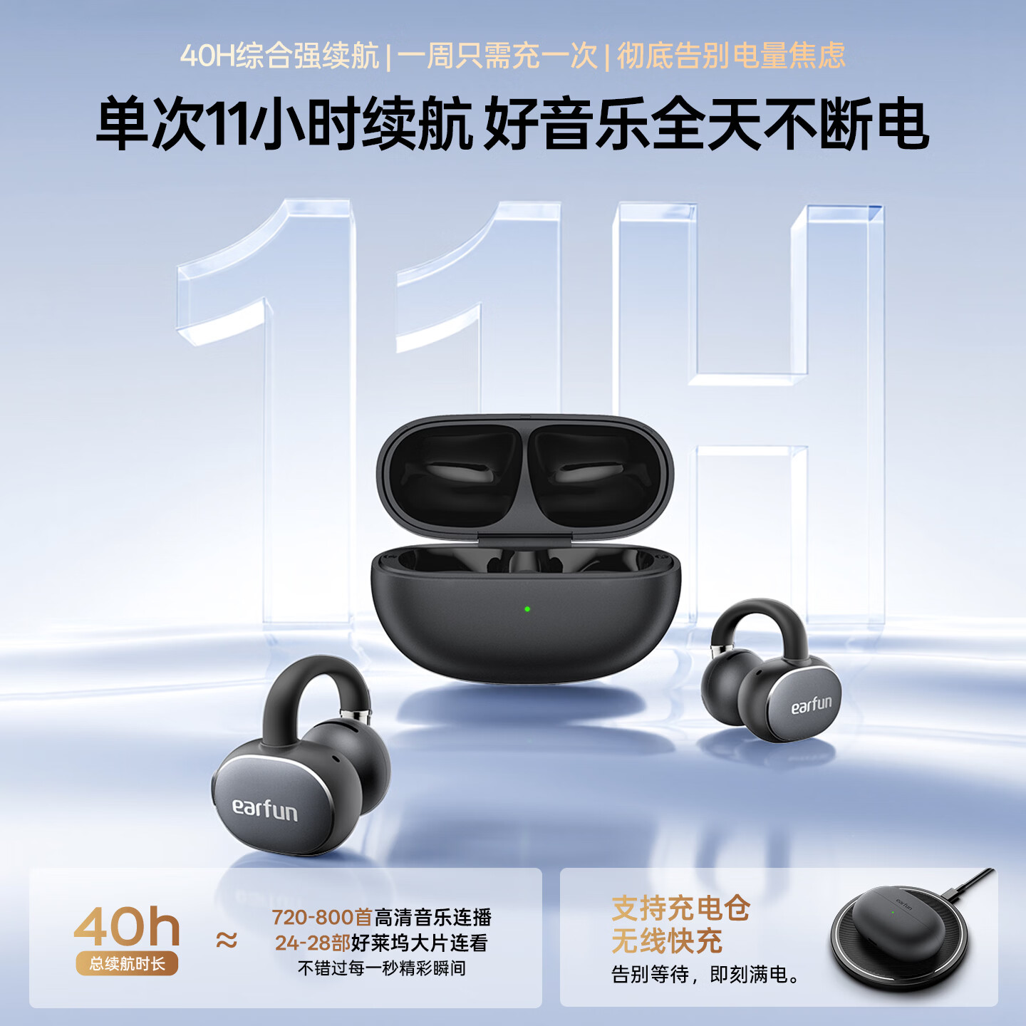 EarFun 丽耳【2026新品】Clip2开放式耳夹耳机 AI翻译 LDAC音质运动骑行防掉 IPX5防水通话降噪超长续航气传导 AI翻译丨40H续航丨双磁振膜 玄夜黑 支持7天试用丨退货包运费丨18个月质保