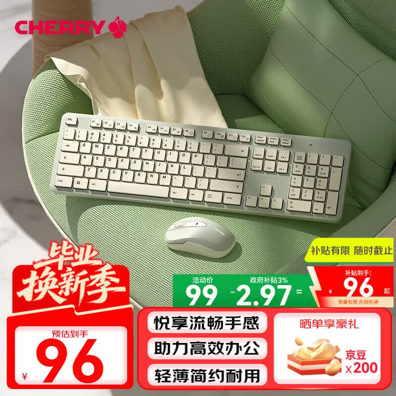 CHERRY樱桃DW2300 键盘无线键鼠套装键盘鼠标商务办公家用笔记本电脑外接全尺寸轻音便携人体工学 清新绿