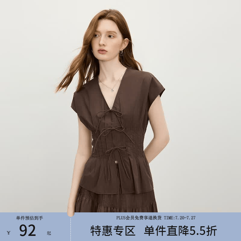 范思蓝恩摩登蝴蝶结系带收腰衬衫女2025夏新款连肩袖v领上衣2737 咖啡色 L