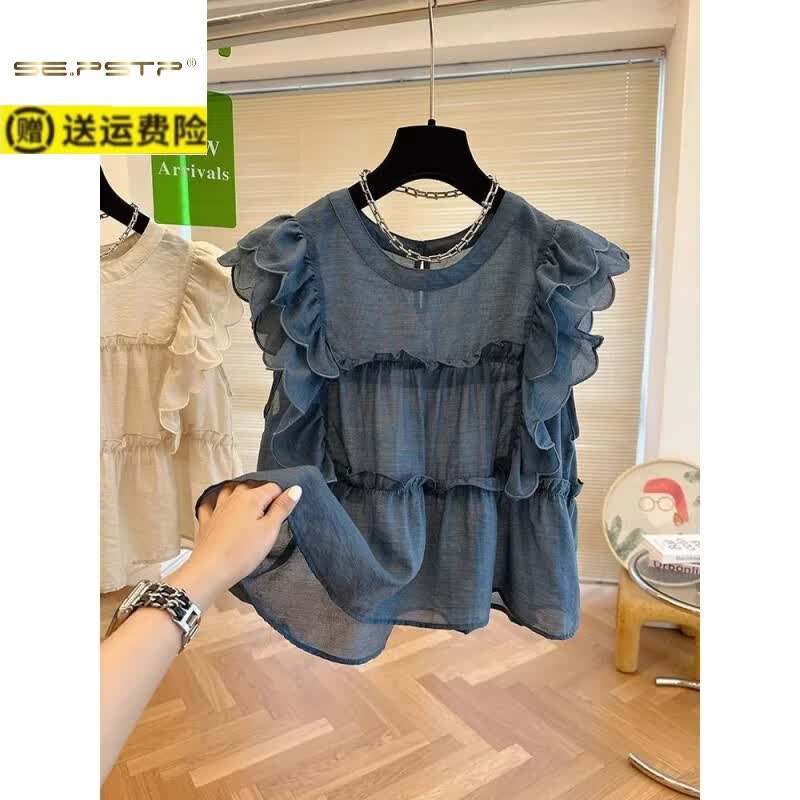 夏典素订女王（SE.PSTP）法式荷叶边飞飞袖圆领衬衫女夏季甜美娃娃衫宽松小众别致无袖上衣 蓝色 2XL 150-170斤