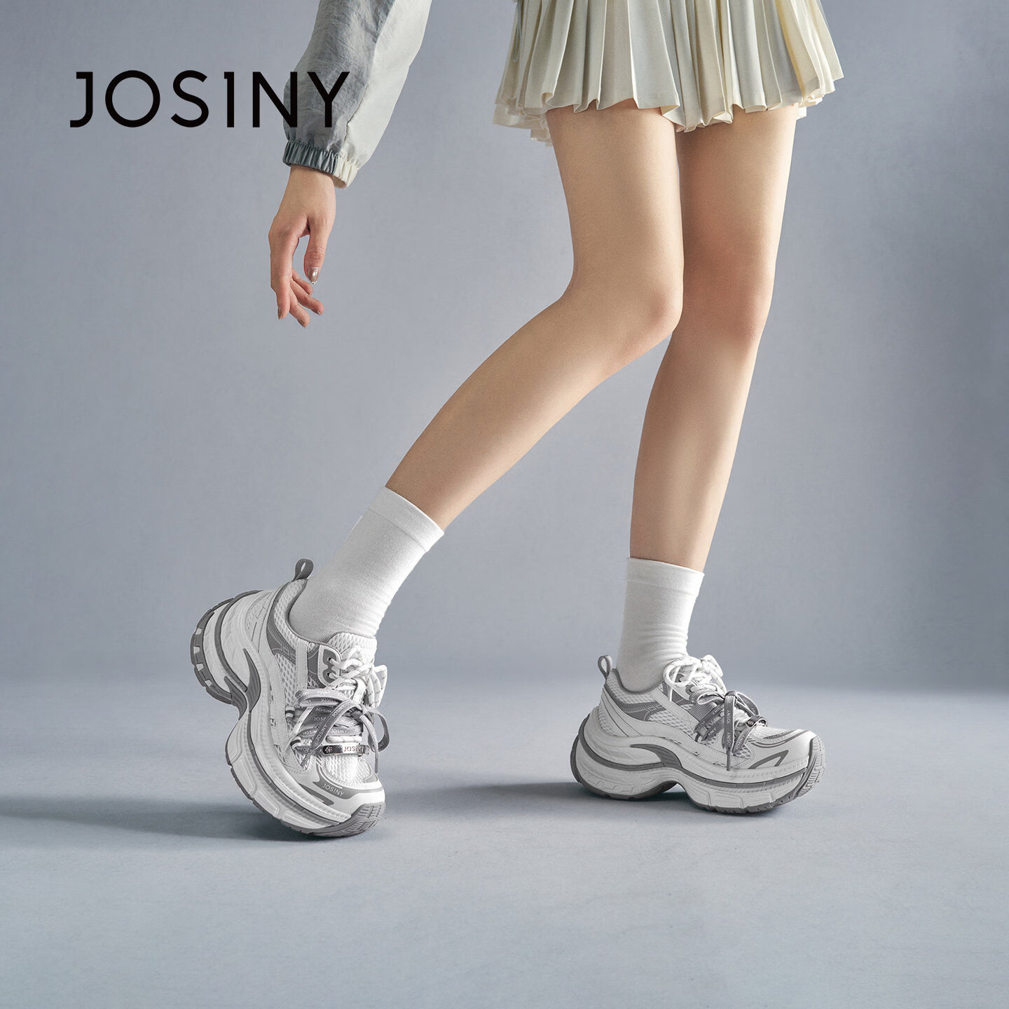 卓诗尼（Josiny）卓诗尼运动鞋2026秋季老爹鞋透气厚底休闲增高鞋时尚百搭系带厚底 米灰色 38