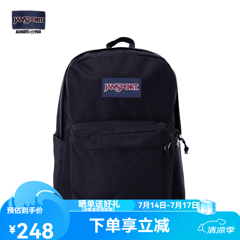 JANSPORT杰斯伯书包轻便双肩包男女旅行包简约背包电脑包学生校园 4QUE008爵士黑-侧袋+隔层