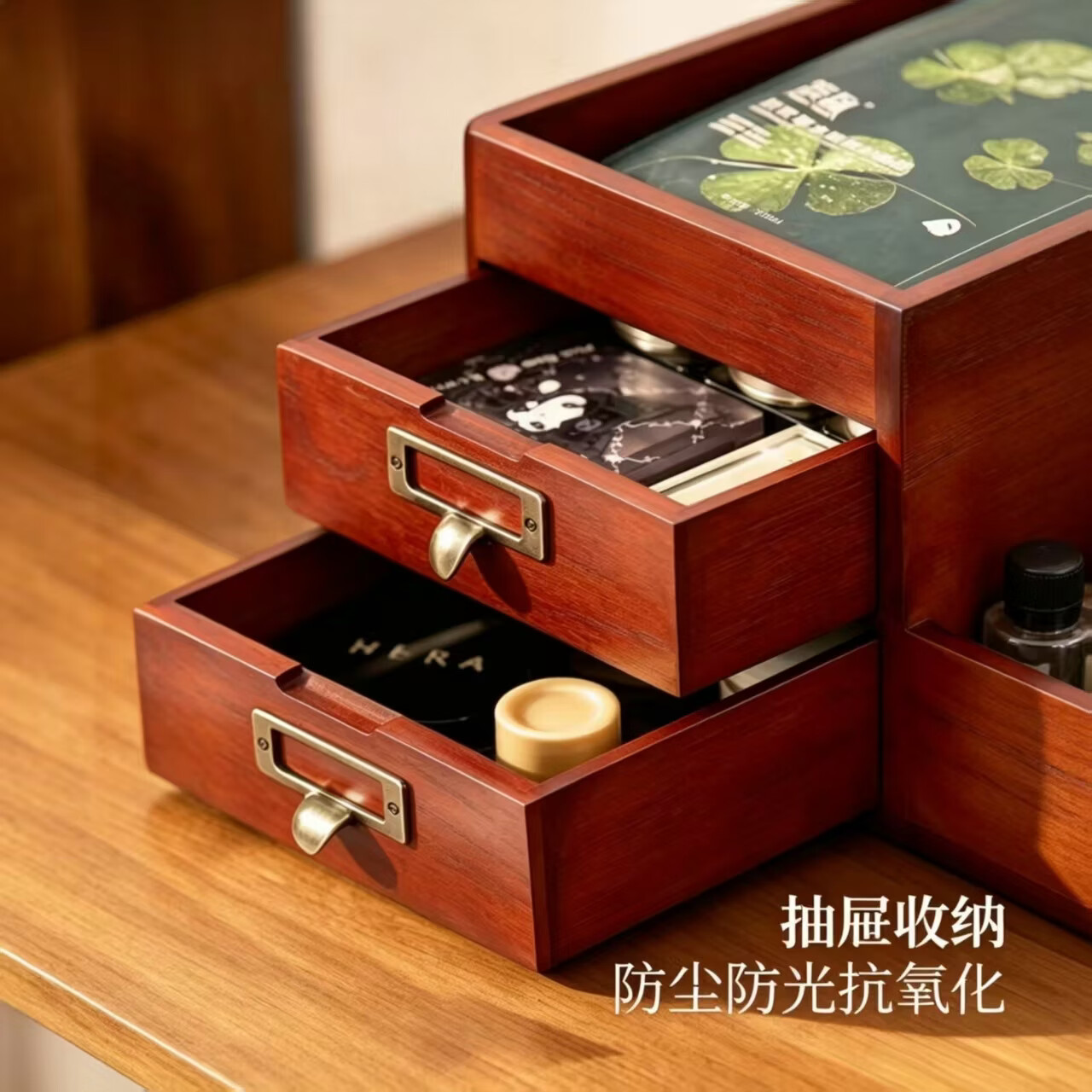 锦舍中古风化妆品收纳盒桌面防尘高级感梳妆台多层护肤品大容量置物架 【环保松木-复古色】99%用户选择 免安装