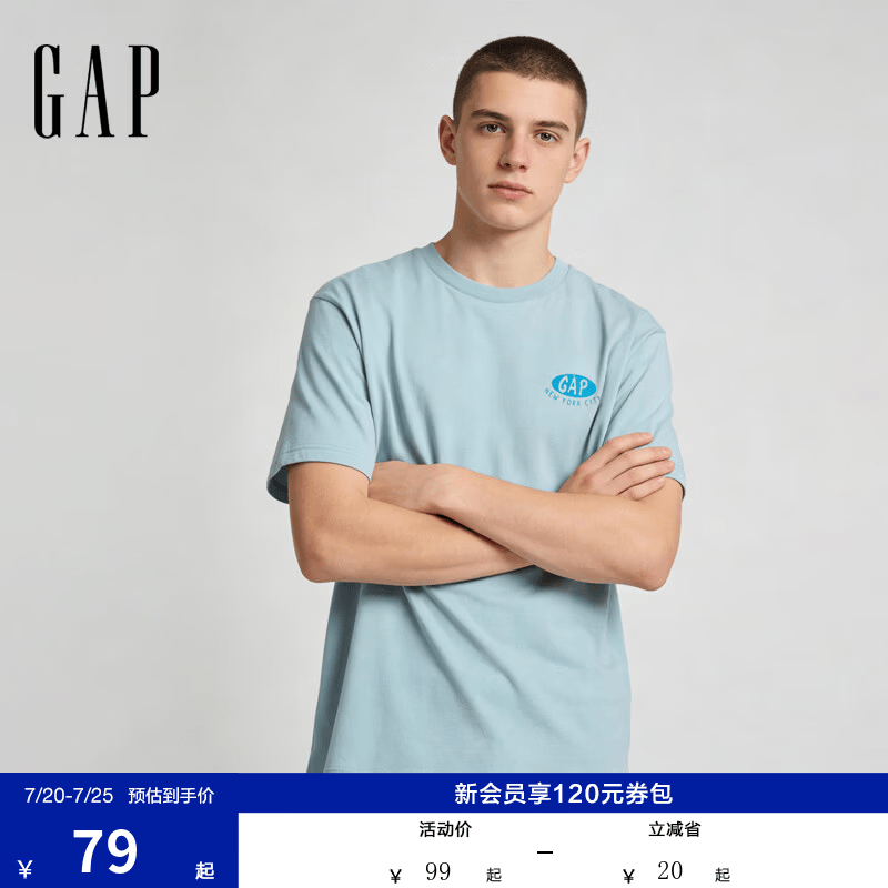 盖璞Gap男女装2026春季新款纯棉logo印花圆领短袖T恤上衣美版889562 蓝色 S 美码 M亚洲码175/92A