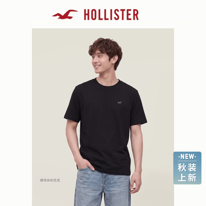 HOLLISTER小海鸥图案美式纯棉基础短袖T恤26夏秋新款男装324-6447 黑色 S (175/92A)