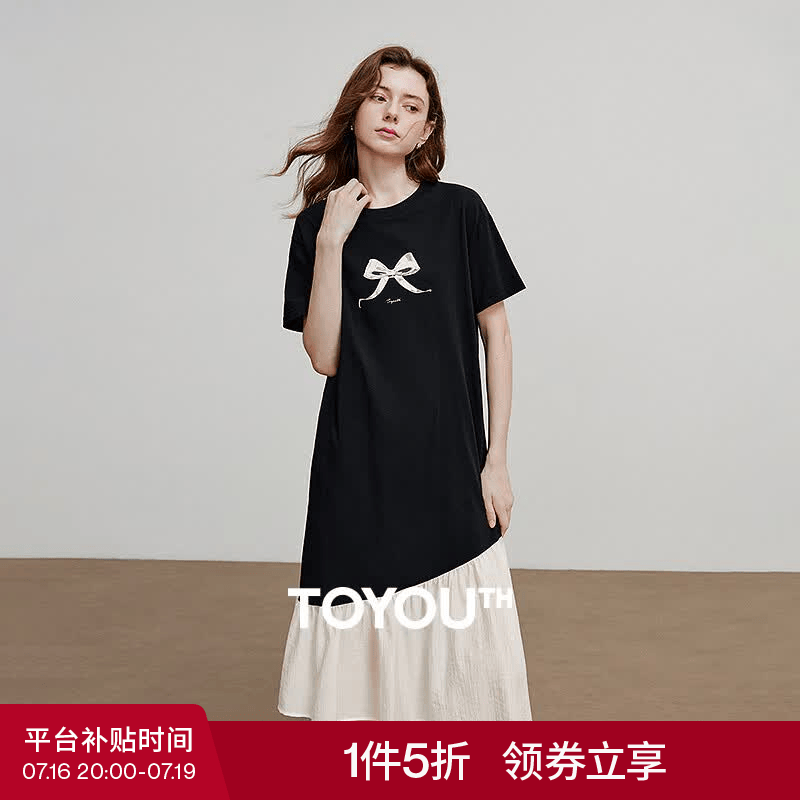 初语休闲宽松撞色拼接设计蝴蝶结印花T恤裙女2026夏季新款连衣裙 黑色 M