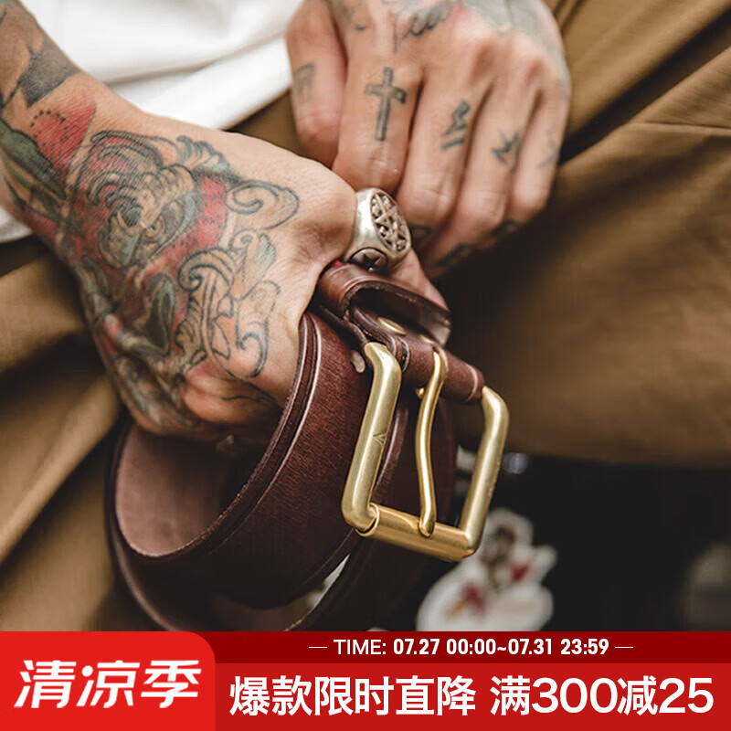 马登美式复古头层植鞣牛皮腰带黄铜单针扣头真皮皮带硬汉裤腰带男 深咖色