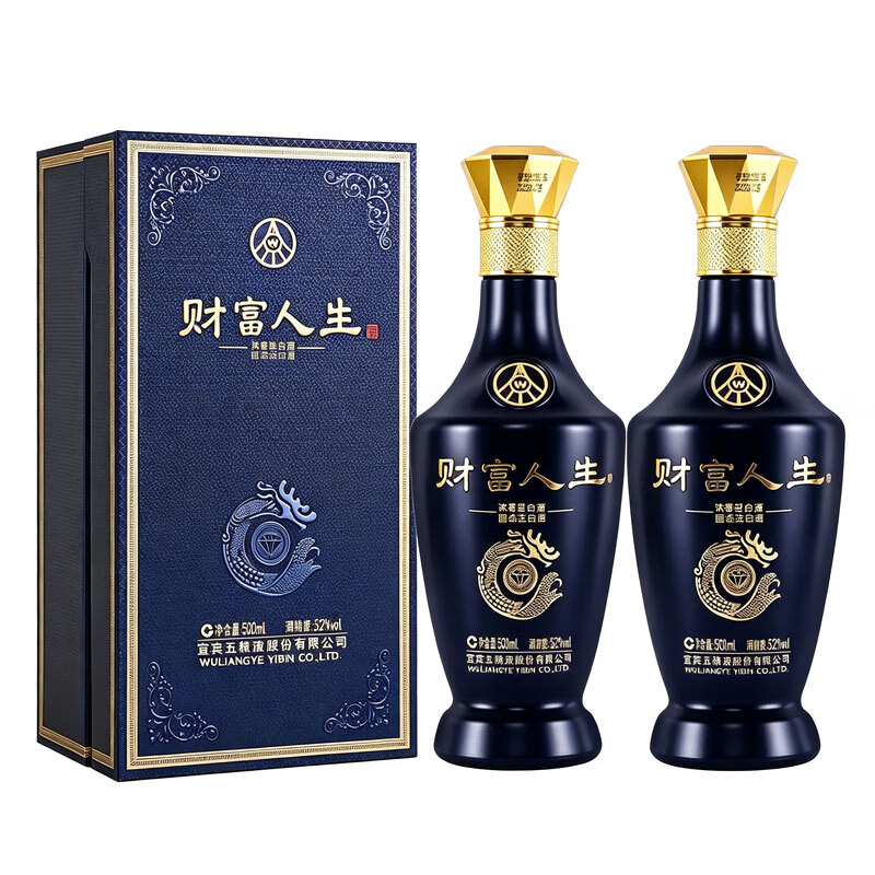 五粮浓香五粮液财富人生浓香型白酒四川名酒 52度 500mL 2瓶 两瓶装蓝钻