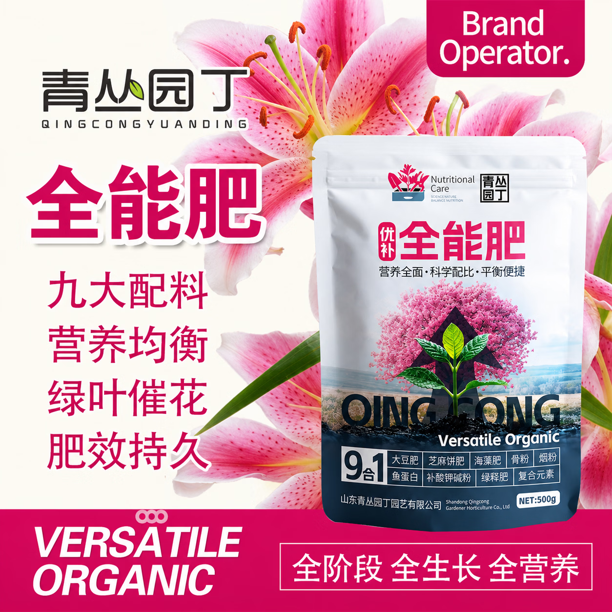 青丛园丁优补九合一全能肥养花专用复合肥营养调酸盆栽花卉绿植通用花肥料 优补-全能肥1袋500g