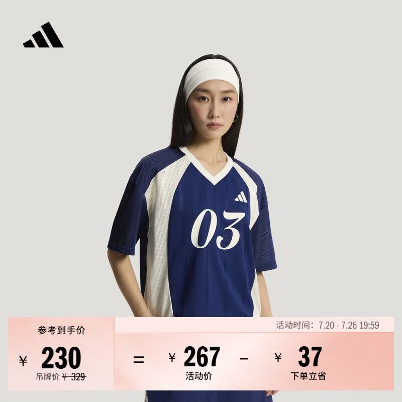 adidas球衣风拼接休闲短袖T恤上衣女装夏季新款阿迪达斯轻运动   深蓝   L