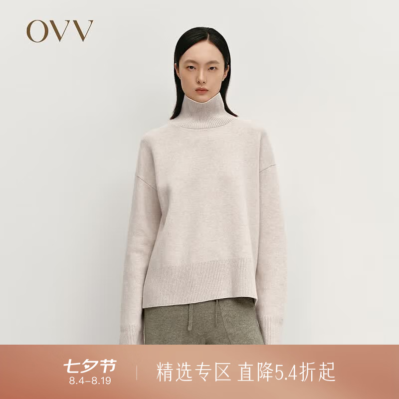 OVV秋冬热卖女装优雅时髦松弛长袖可翻折高领羊绒衫 燕麦色 M
